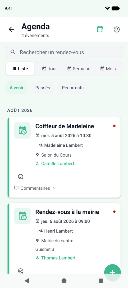 L’écran Agenda de l’application SeniorHub : les rendez-vous à venir du foyer.
