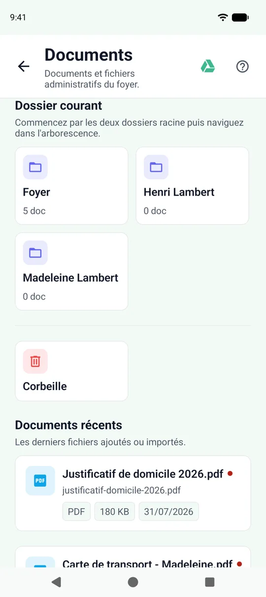 L’écran Documents de l’application SeniorHub : les dossiers et fichiers du foyer.