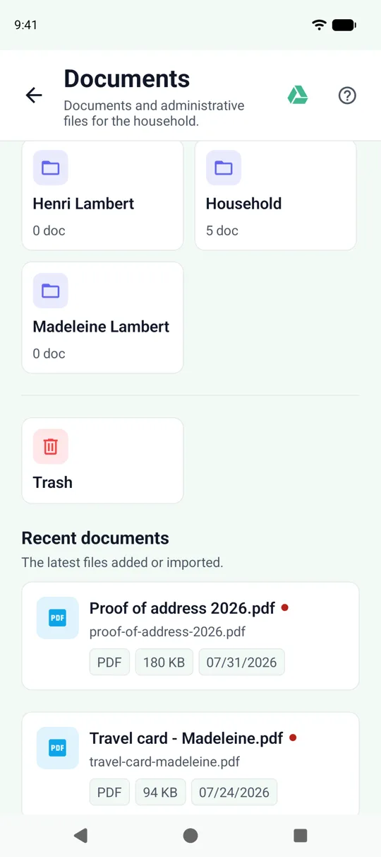 The Documents screen in the SeniorHub app: the household’s folders and files.