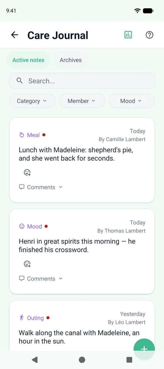 The Care Journal screen in the SeniorHub app: the day’s thread of notes, each with its author and time.