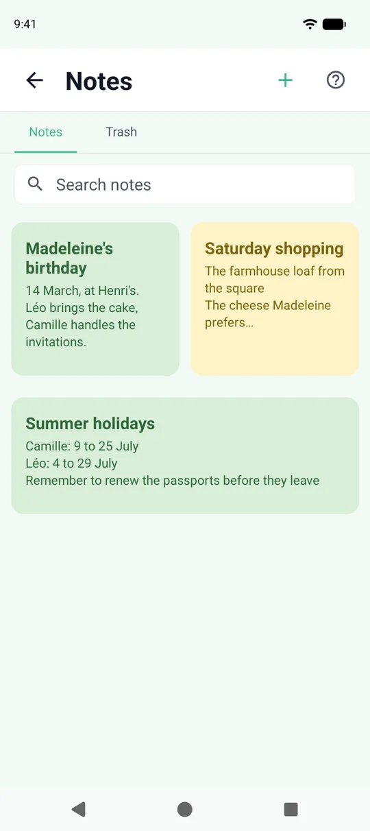 The Notes screen in the SeniorHub app: the household’s notes as coloured sticky notes.