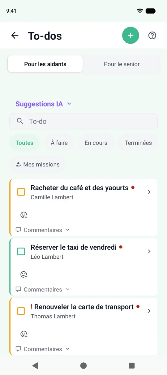 L’écran To-dos de l’application SeniorHub : les activités du senior et les missions entre aidants.